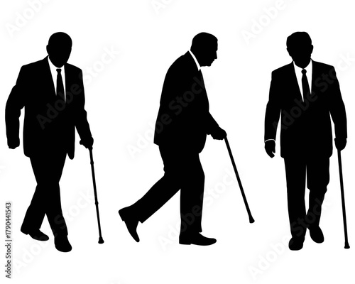 Silhouettes of elderly men in suits walking with canes isolated on white background