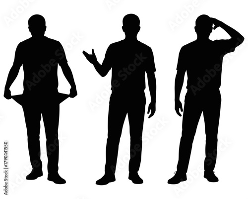 Three silhouettes of men showing different poses isolated on white background