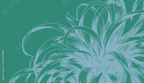 Hand-drawn botanical illustration featuring highly detailed, expressive line-art foliage in light blue,gray on a dark green background. Creates a moody, organic, and modern natural background.

