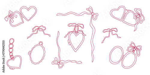 Pink hand drawn heart-shaped frames and ribbons in minimalist style. Whimsical heart lockets wedding illustration set. Vintage vector line art heart locket valentine collection.