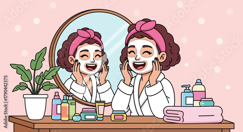 Woman applying face mask in front of mirror with beauty products on table.