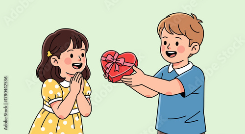 Boy giving a heart-shaped gift to a girl, both smiling, on a light green background.