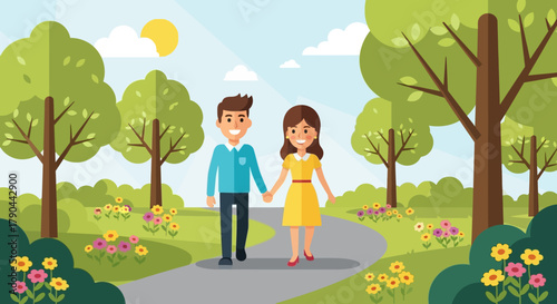Couple walking in a park on a sunny day, holding hands.
