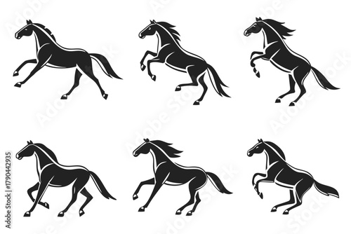 Minimalist icon set of a horse running in dynamic pose