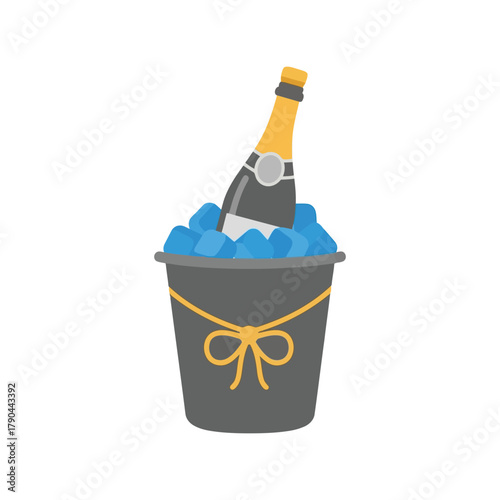 Champagne bottle chilling in ice bucket with bow, celebration ready, festive drink Vector, illustration