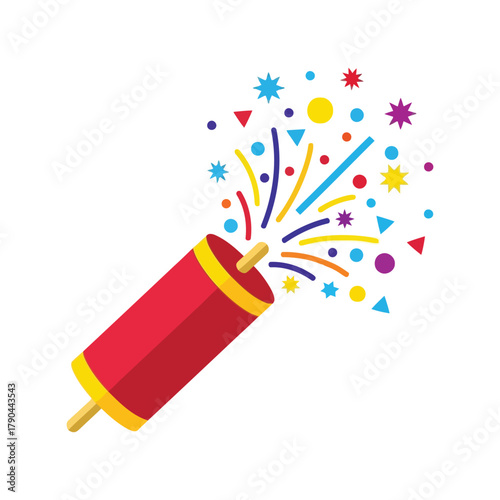 Red party popper exploding with colorful confetti and streamers on white background Vector, illustration