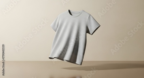 A plain light gray t-shirt floating against a neutral two-tone beige background in a studio setting.