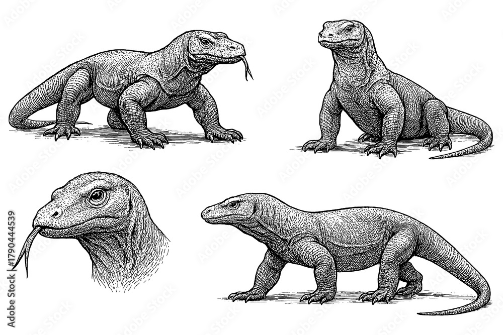 Obraz premium Komodo dragons in multiple poses with detailed vintage hand drawn sketch style, Transparent Background