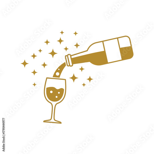 Golden wine bottle pouring drink into glass with sparkling stars illustration Vector, illustration