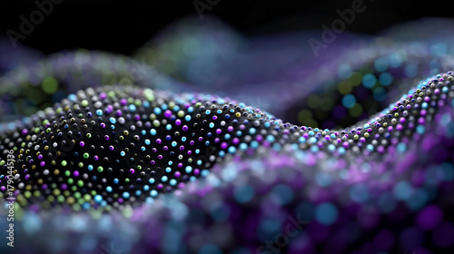 Colorful, abstract image of a wave made up of many small, colorful spheres. The image has a dreamy, ethereal quality to it, as if it were a painting or a sculpture rather than a photograph