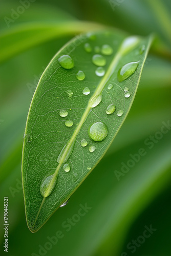 Leaf with raindrops on it. The raindrops are small and scattered, giving the leaf a fresh and lively appearance