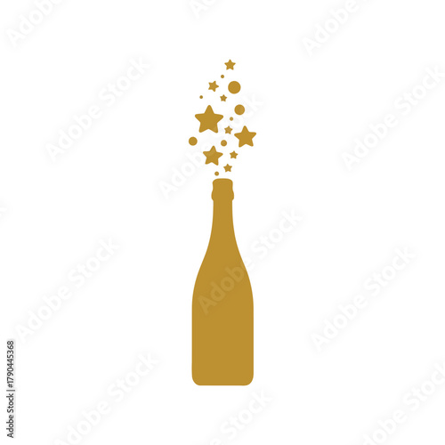Golden champagne bottle with stars bursting out celebration icon Vector, illustration