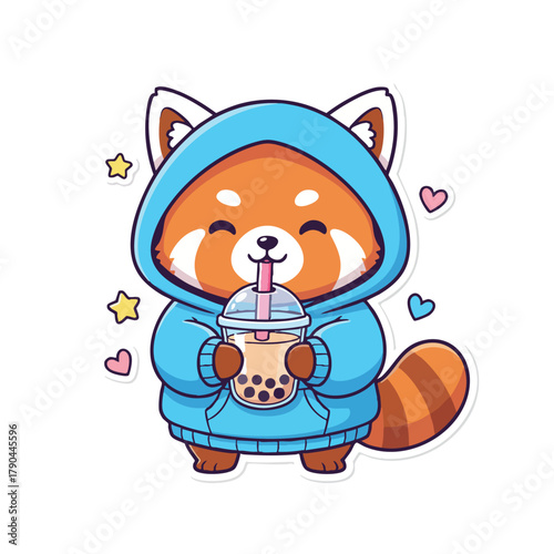 Cute red panda enjoying a bubble tea drink