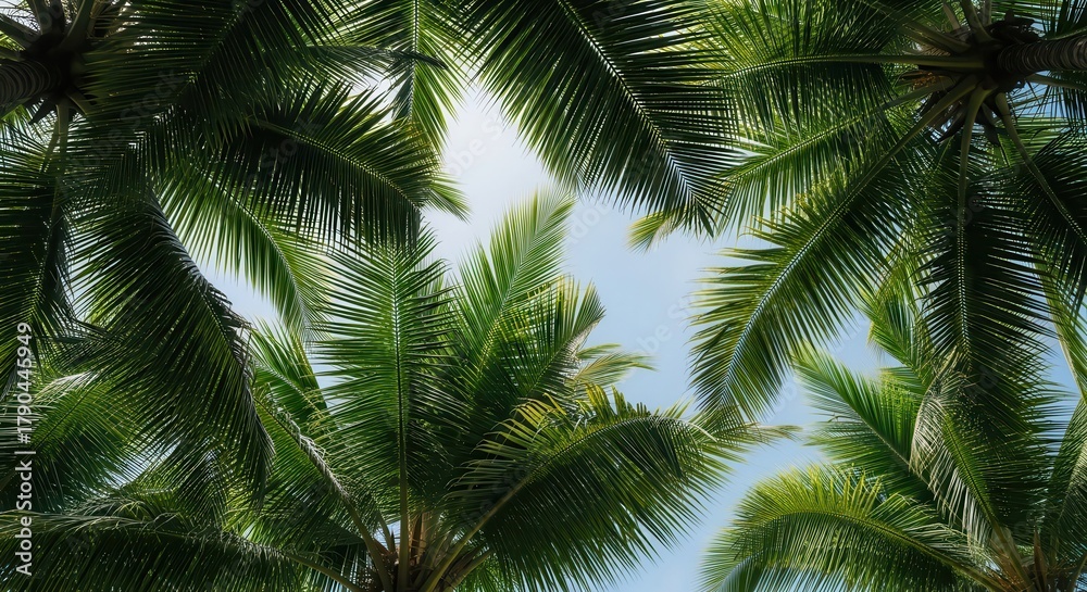 Fototapeta premium Looking Up Through Palm Trees Towards a Bright Sky