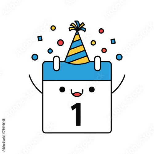 Cute calendar character celebrating first birthday with party hat and confetti Vector, illustration