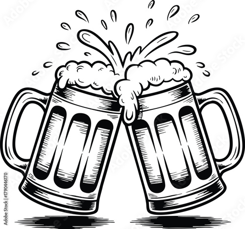 Black and White Beer Mug Toast Illustration, Clinking Steins with Beer Splash Graphic, Cheers Pub or Oktoberfest Vector Art, Monochrome Celebration with Beer Mugs