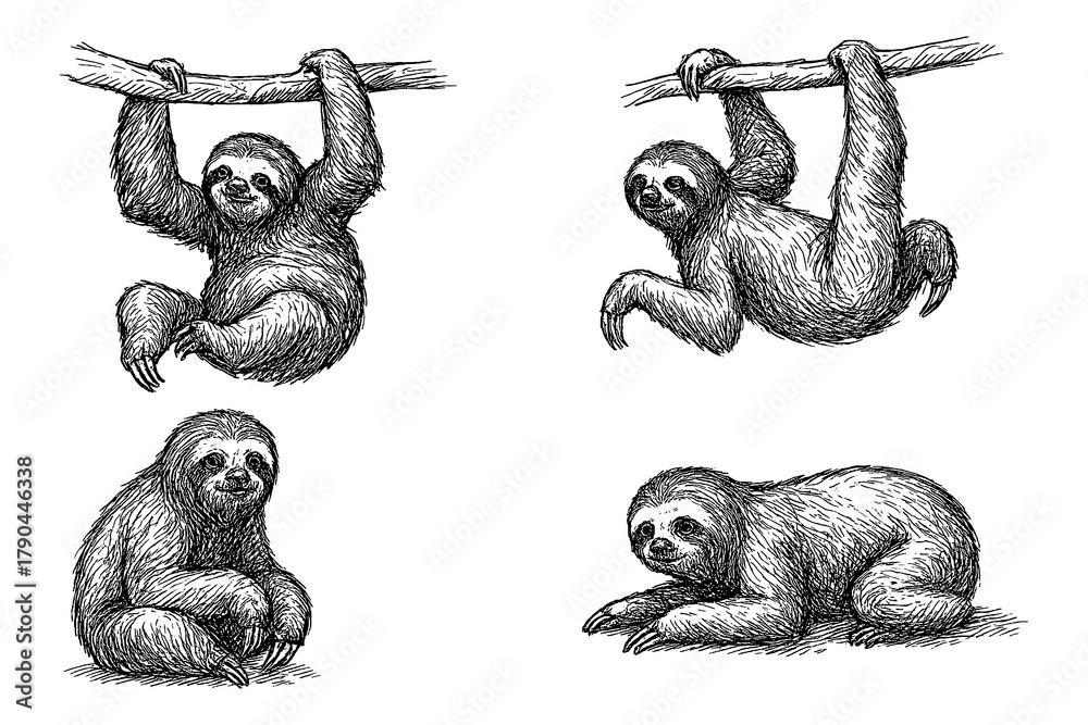 Naklejka premium Sloths in multiple poses with detailed hand drawn pen sketch style, Transparent Background