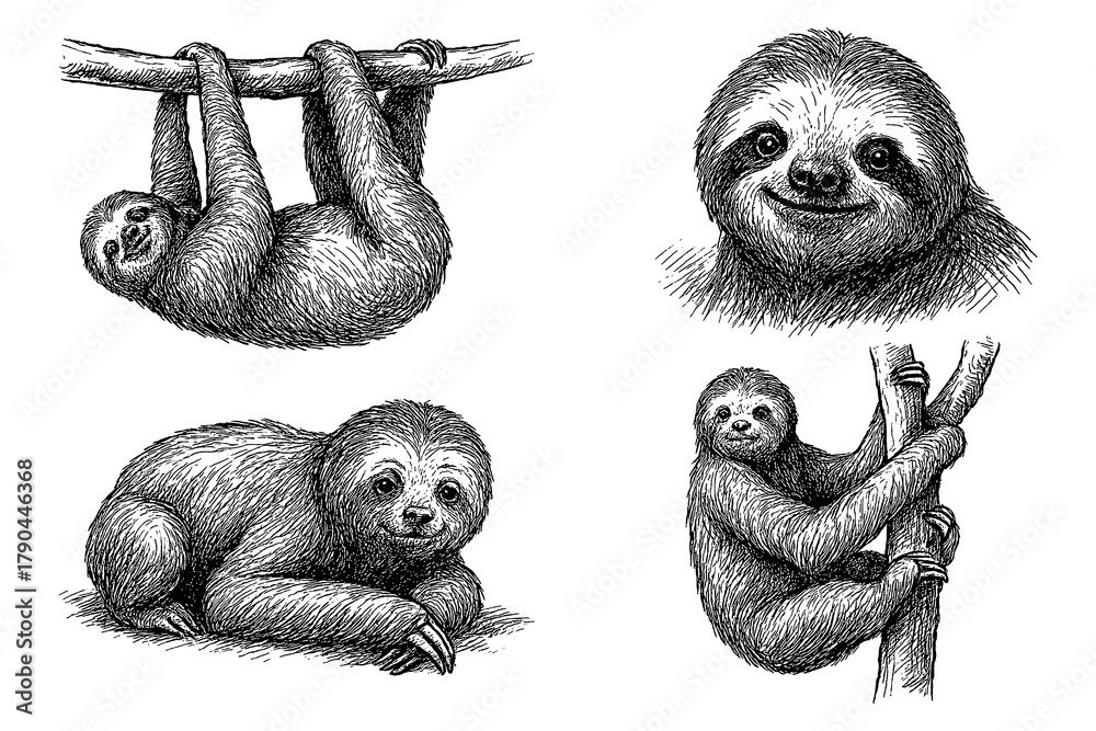Naklejka premium Sloths in multiple poses with detailed hand drawn pen sketch style, Transparent Background