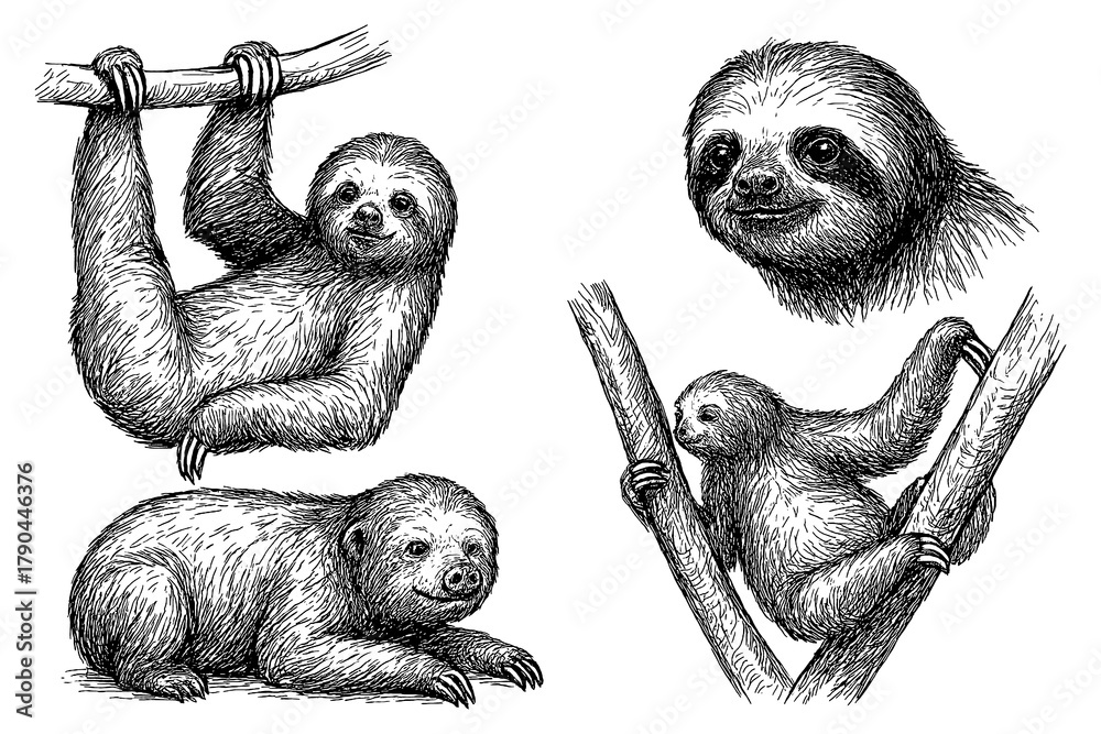 Naklejka premium Sloths in multiple poses with detailed hand drawn pen sketch style, Transparent Background