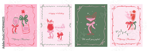 Merry Christmas greeting card set. Posters Xmas trendy hand drawn art with frame glasses of champagne, wine glass and bows. Vector.  

