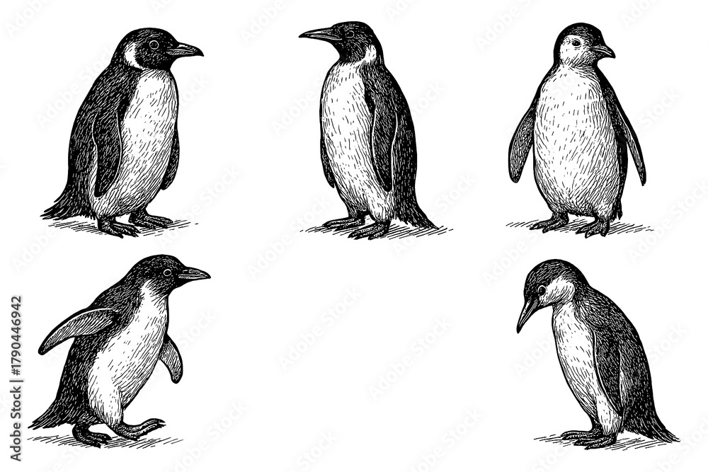 Naklejka premium Penguins in hand drawn sketch style, Transparent Background