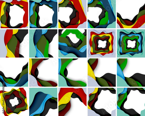 Colorful abstract patterns. Layered shapes create dynamic compositions. Various hues blend, forming intriguing designs.