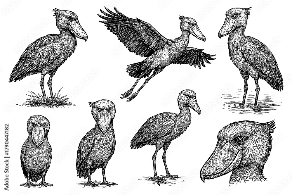 Naklejka premium Shoebill birds in hand drawn sketch style, Transparent Background