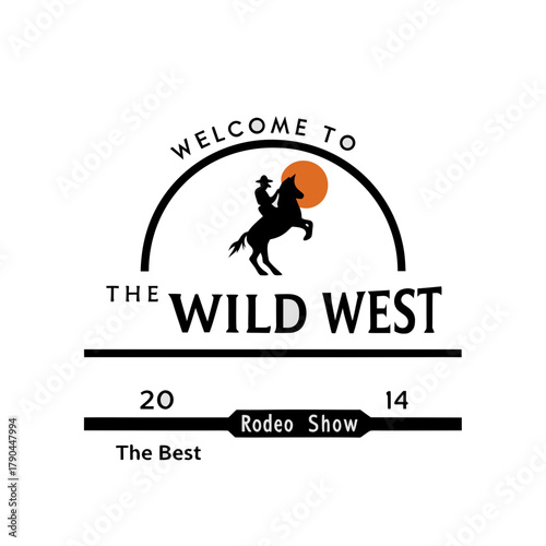 Wild west rodeo show emblem design with cowboy on horse sunset