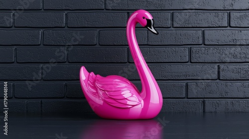 Contemporary Pink Swan Sculpture Against Black Brick Wall