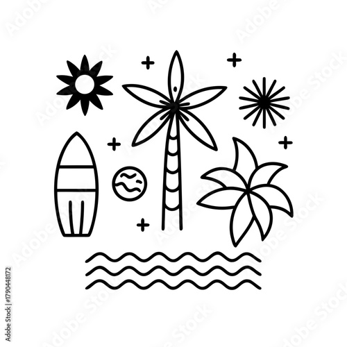 Outline vector illustration of tropical beach summer vacation