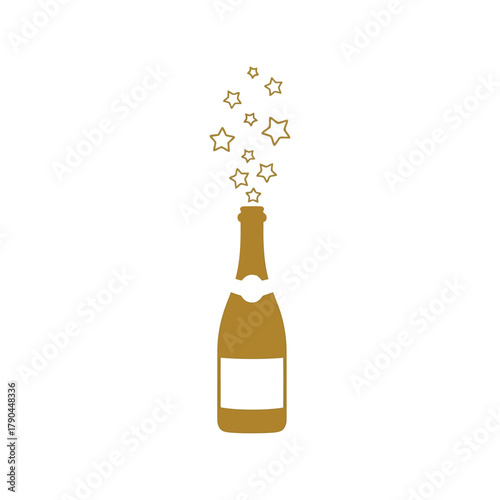 Golden champagne bottle with starburst confetti celebration icon Vector, illustration