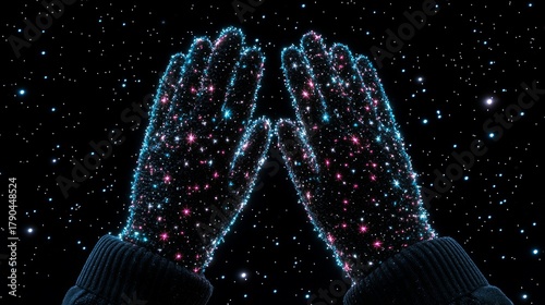 Night Sky Sparkle: Magical Hands Clad in Cosmic Starry Gloves Amidst a Stellar Universe Backdrop