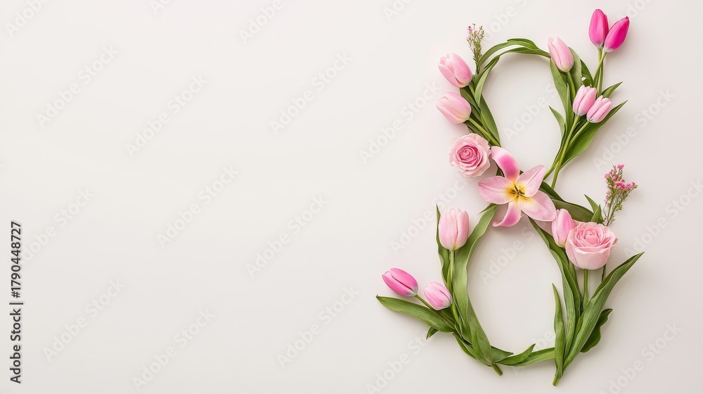 Fototapeta premium Floral Ampersand Design with Pink Tulips and Green Leaves on White Background