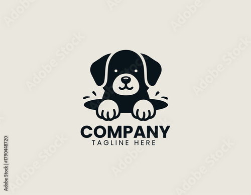 Cute puppy coming out of hole black vector logo illustration