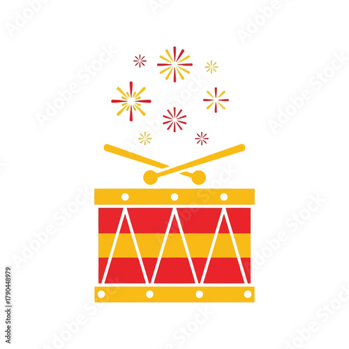 Vector illustration of a drum with drumsticks and starbursts, festive celebration icon Vector, illustration