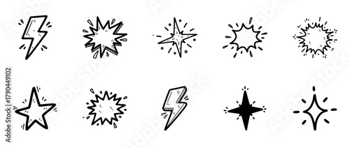 Set of hand-drawn cartoon doodles with stars, lightning bolts, spark bursts, and sparkles on transparent background, black sketch icons