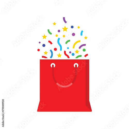 Red shopping bag overflowing with colorful confetti and stars, celebration surprise Vector, illustration