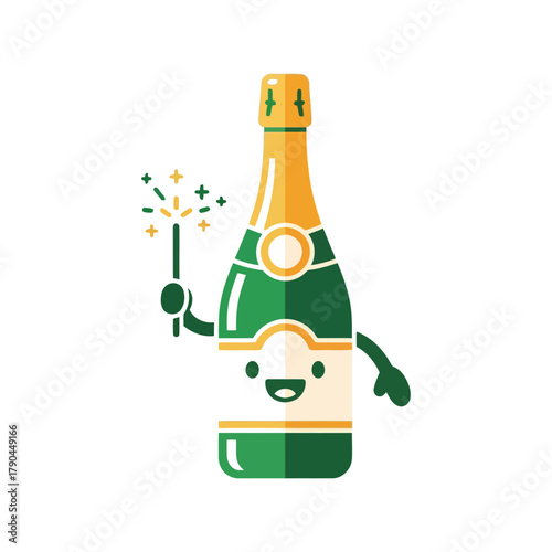 Happy cartoon champagne bottle holding sparkler celebrating new year or birthday party Vector, illustration