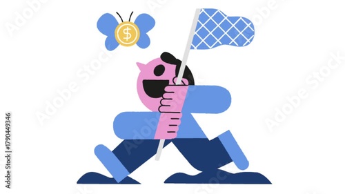 Animated happy man running with net chasing flying coin symbolizing wealth pursuit.
