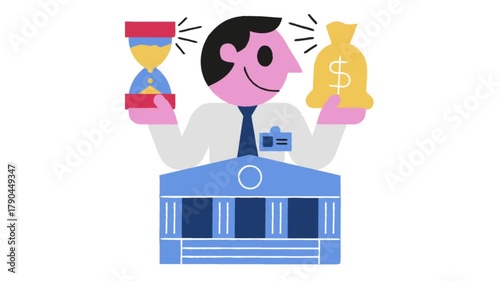 Animated businessman holding sand timer and money bag in front of bank building
