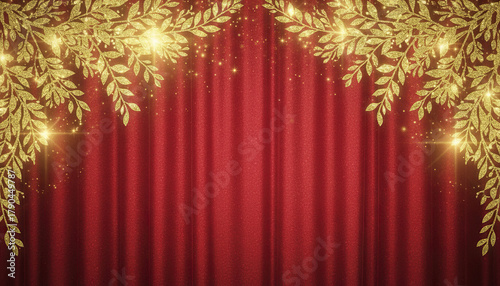 Red curtain background with sparkling gold leaves and glowing light effects