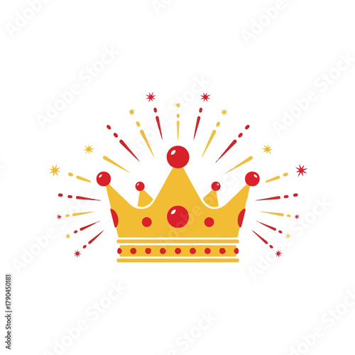 Golden crown with red jewels and bursting confetti for royalty and celebration Vector, illustration