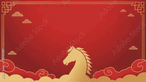 Elegant golden horse head graphic with red patterned background and ornate frame, Chinese zodiac, year of the horse, Lunar New Year, red horse illustration, zodiac horse, festive illustration, prosper
