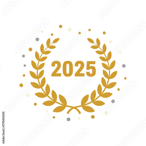 Gold laurel wreath with 2025 number and confetti   celebrating new year and achievements Vector, illustration