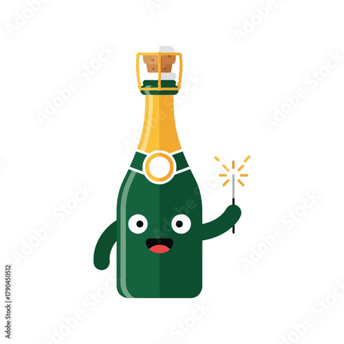 Happy cartoon champagne bottle character holding sparkler and celebrating Vector, illustration