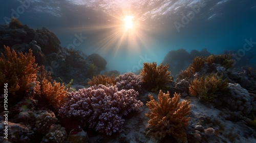 Fototapeta Naklejka Na Ścianę i Meble -  Sunlight streams through clear blue ocean water illuminating a vibrant colorful coral reef