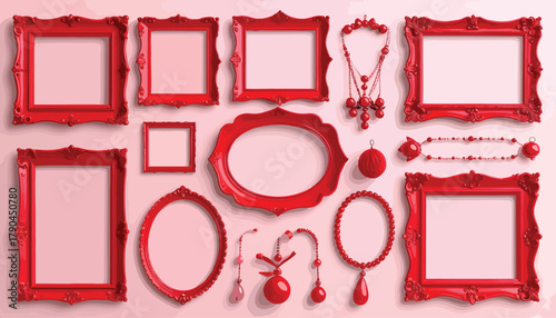 Varied red frames & ornaments on a pink backdrop, detailed