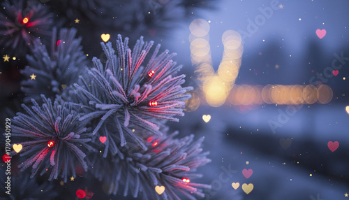 Frosted pine branch with glowing red holiday lights and heart shaped bokeh in winter evening