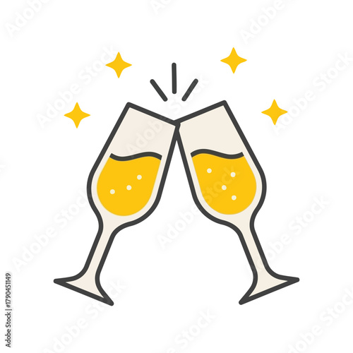 Two champagne glasses clinking with yellow bubbles and stars, celebration concept Vector, illustration