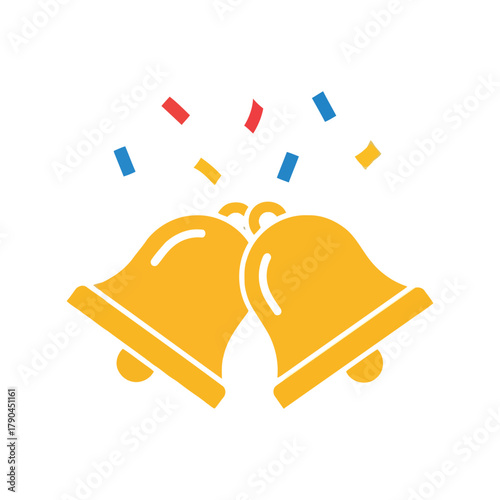 Golden bells ringing with festive confetti celebration invitation announcement Vector, illustration